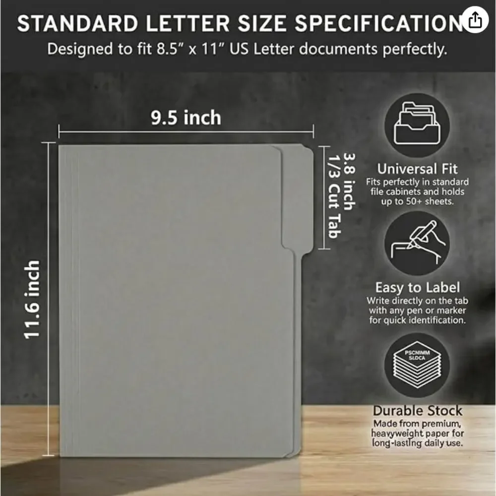 100 Packs Paper File Folder, Manilla File Folders - Gray